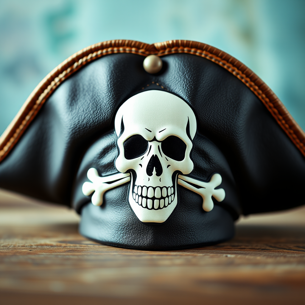 Create an enhanced and detailed pirate hat design featuring a skull and crossbones, with a high-resolution look, shot from a slightly elevated angle, using a DSLR camera with a 50mm lens, aperture set to f/2.8, ISO 100, and a soft focus background for depth.