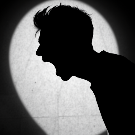 Create a high-resolution black and white silhouette of a person yawning with a textured background, shot from a side profile at a 50mm focal length, aperture f/1.8, ISO 200, using a DSLR camera with soft natural lighting to enhance the details and contrast.