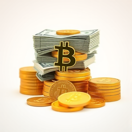 Create an illustration of a stack of money and coins representing a cryptocurrency, using a DSLR camera setting with a focal length of 50mm, aperture set to f/2.8, ISO 100, in a soft focus style, with bright, even lighting for enhanced image quality.