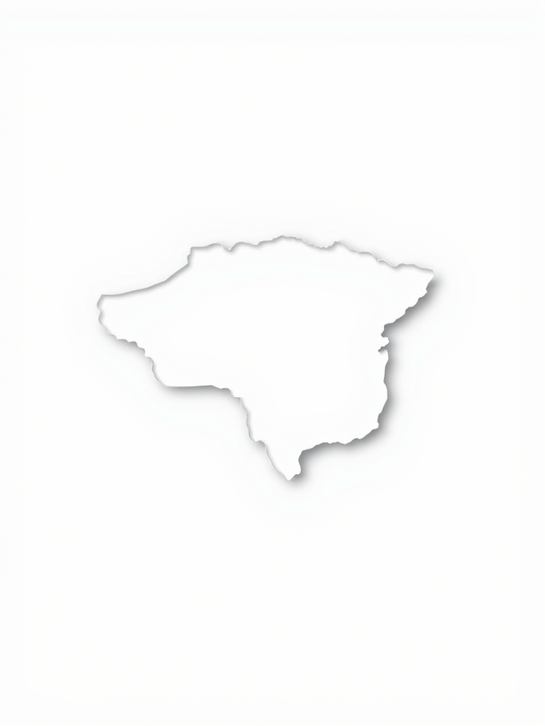 Create a high-resolution 3D rendering of a map outline in a minimalist style with soft shadows, using a DSLR camera with a 50mm lens, aperture at f/2.8, ISO 100, and a shallow depth of field to enhance focus on the map outline against a white background.