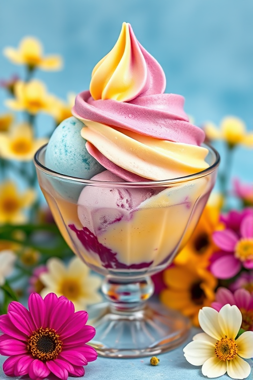 A beautifully styled ice cream sundae in a vintage glass bowl, with swirls of pastel yellow, purple, and blue ice cream, surrounded by vibrant spring flowers and a soft blue background, captured with a Canon EOS R5, 50mm lens, f/1.8 aperture, ISO 100, natural light, high-resolution, shallow depth of field.