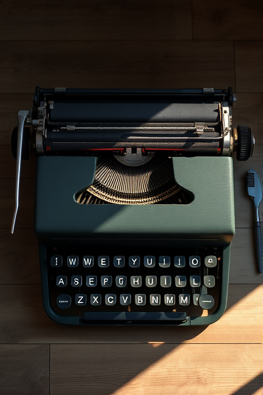 Create a high-resolution image of a vintage typewriter from a top-down view, using a 50mm lens, aperture f/2.8, ISO 100, with natural light and soft shadows for a realistic texture.
