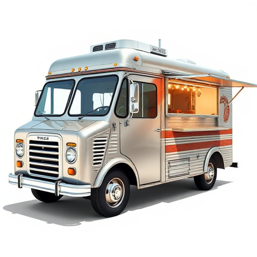 Generate an illustration of a vintage food truck with a sleek, metallic exterior and detailed side panels, using a 50mm lens, f/8 aperture, 1/125 shutter speed, taken from a slight angle to emphasize its shape, with a bright and clear lighting style suitable for a product shot, resembling a high-quality digital illustration.