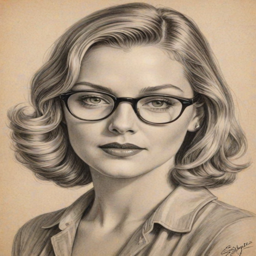 Enchanting Sheryl Lee, pencil sketch, portrait of Gorgeous woman 1934s in glasses, hair style beatnik, outline, clear lines, fine lines, 8k
