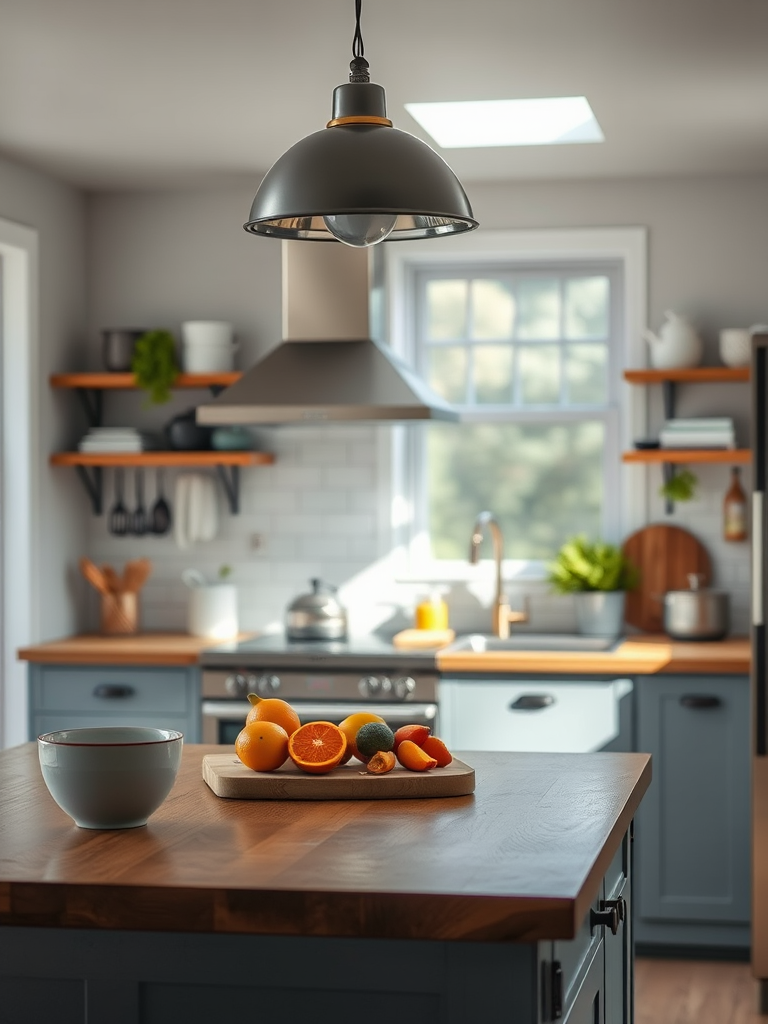 high-quality kitchen interior shot, natural lighting, DSLR camera, f/2.8 aperture, 1/60 shutter speed, ISO 100, wide-angle view, soft focus background, realistic textures, high resolution