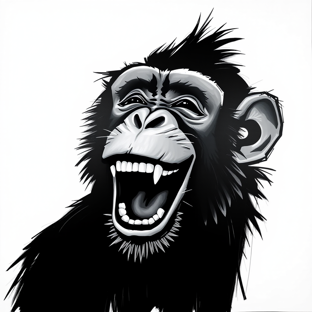 Abstract black and white acrylic portrait of an over exaggerated laughing (monkey). Minimalism style. White background.