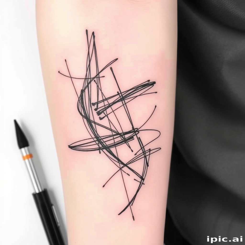 Sketch style tattoo titled "Artist's Sketchbook" depicting loose, gestural lines and shading techniques to create the illusion of a hand-drawn illustration come to life on the skin