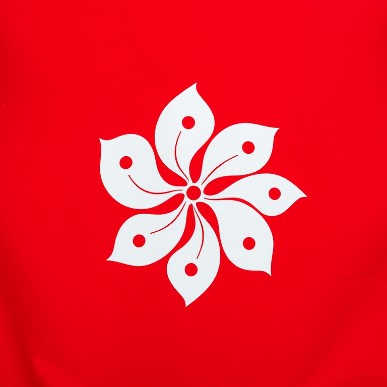 Create a high-resolution image of the Hong Kong flag featuring a white floral emblem with stars on a red background, shot with a DSLR camera at f/8, ISO 100, 1/200 sec, using a wide-angle lens from a front view.