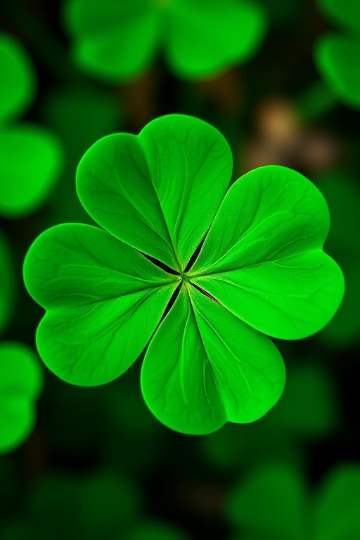 Create a high-resolution close-up image of a four-leaf clover with vibrant green colors, using a DSLR camera, aperture set to f/2.8 for a shallow depth of field, ISO 100 for minimal noise, and a 50mm lens for sharp focus.