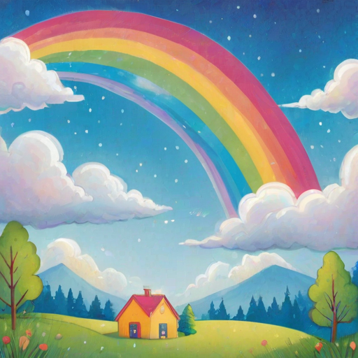 create a whimsical illustration of a vibrant rainbow with multiple colors arching across a bright blue sky filled with soft, fluffy clouds and a few sparkles around the rainbow