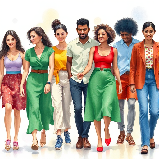 Create a vibrant watercolor illustration of a diverse group of people walking hand in hand, featuring a variety of skin tones and colorful clothing, captured with a Canon EOS R5, 35mm lens, f/2.8 aperture, in a soft-focus background for depth, while enhancing colors and details in post-processing.
