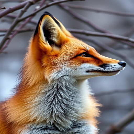 Generate a high-resolution close-up image of a fox in profile, with a shallow depth of field, using a DSLR camera with a 50mm lens at f/1.8, ISO 200, and a shutter speed of 1/500 sec, capturing fine fur details against a blurred background of branches.