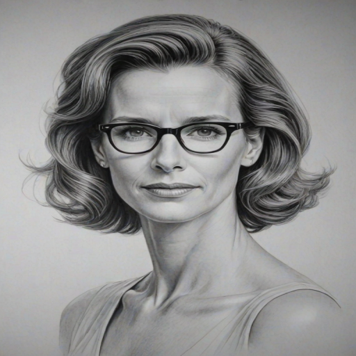 Beauteous Rachel Griffiths, pencil sketch, portrait of Graceful woman 1952s in glasses, hair style beatnik, outline, clear lines, fine lines, 8k