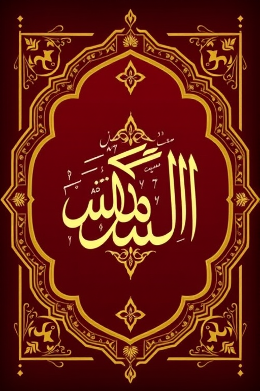 Create an intricate Islamic art design featuring the name Muhammad in elegant Arabic calligraphy, set against a deep burgundy background with gold accents and ornate borders, captured with a DSLR camera at f/1.8, ISO 100, 50mm lens, in a portrait orientation with soft lighting to enhance details and richness.