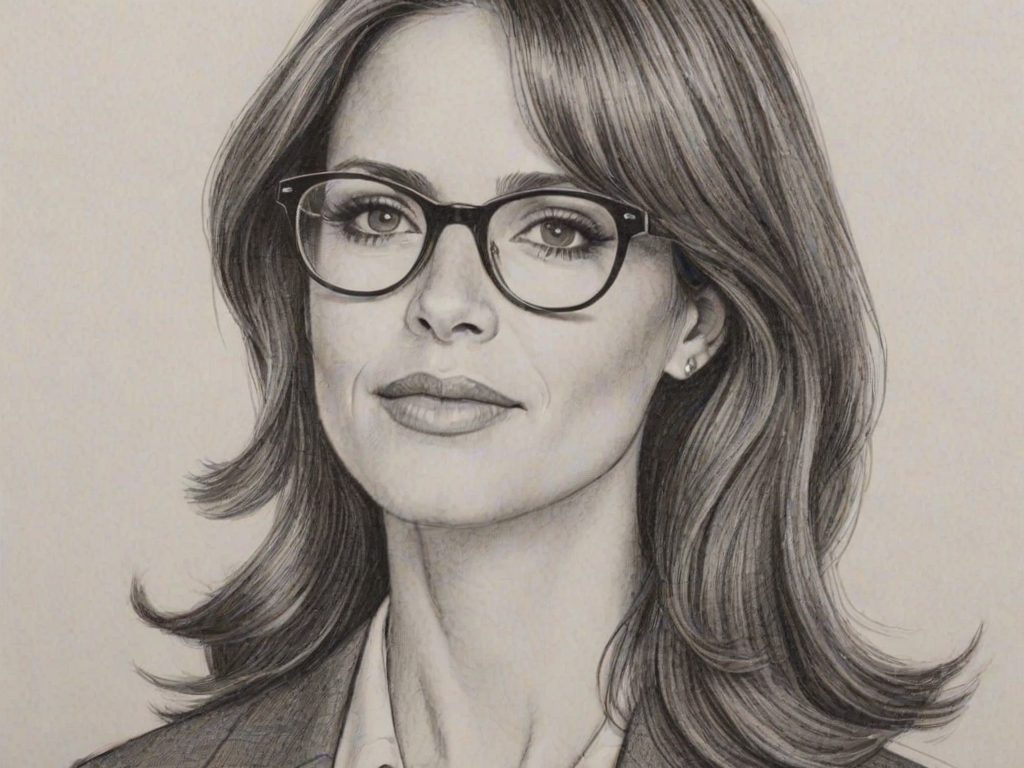 Elegant Andrea Savage, pencil sketch, portrait of Pleasing woman 1965s in glasses, hair style beatnik, outline, clear lines, fine lines, 8k