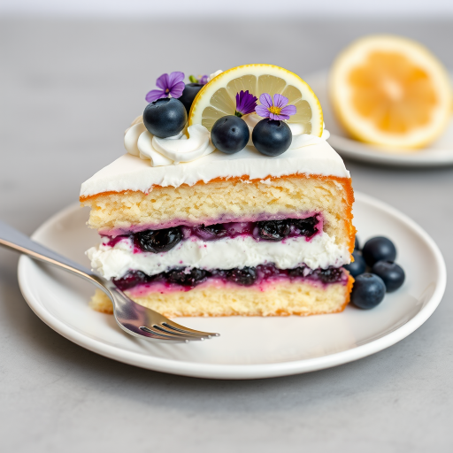 A slice of layered cake with vanilla sponge and blueberry filling decorated with whipped cream fresh blueberries a slice of lemon and edible flowers served on a white plate with a fork beside it