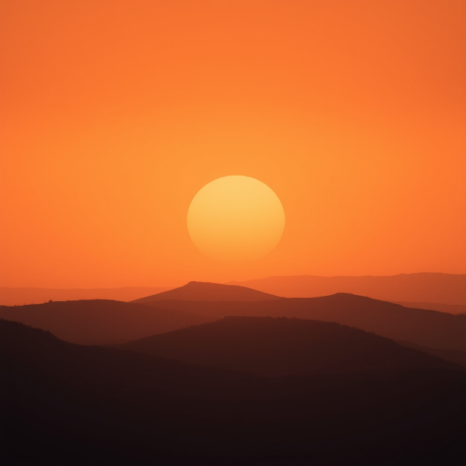 create a smooth gradient landscape at sunset with rounded hills and a large sun in warm earthy tones, shot with a Canon EOS R5 at f/8, 1/60s, ISO 200, wide-angle lens, top-down view, soft focus for a vintage aesthetic