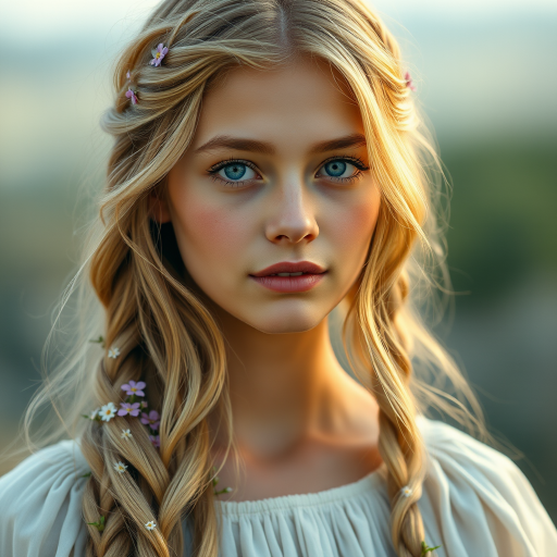 Create an image of a young Afghan woman with long, wavy blonde hair, adorned with small, colorful flowers woven into her braids and loose strands. Her complexion is fair, with soft, glowing skin, and she has light blue eyes that gaze softly at the viewer. She wears a light, flowing dress with a gentle, ethereal quality, complementing her delicate and serene appearance. The background is slightly blurred, drawing focus to her tranquil expression and the intricate details of the flowers in her hair. The overall mood of the image is one of natural beauty and grace, evoking a sense of peacefulness and connection with nature.