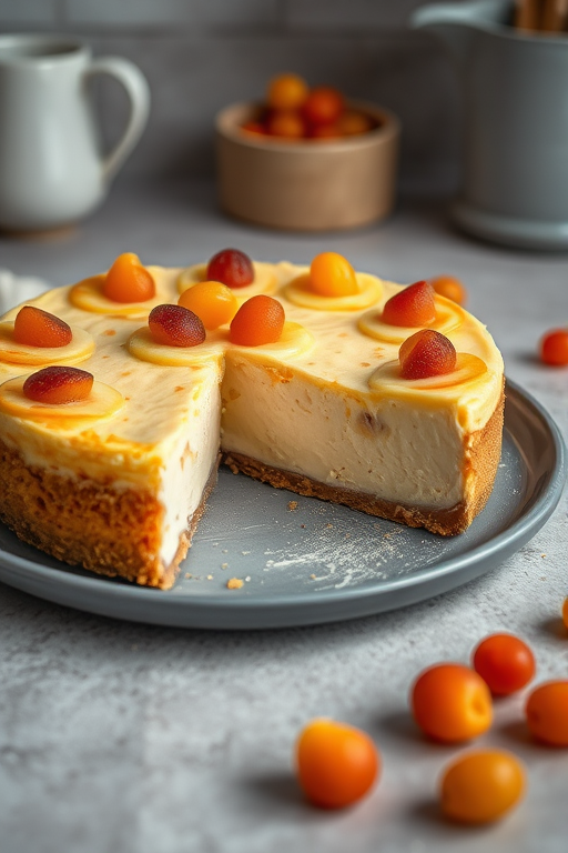 A delicious cheesecake on a gray plate with a slice cut out revealing a creamy interior, topped with pieces of candied fruit, set on a textured surface with soft blurred background elements suggesting a cozy kitchen atmosphere.
