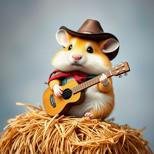 A chibi hamster, dressed as a cowboy, playing guitar, sitting on a hay bale