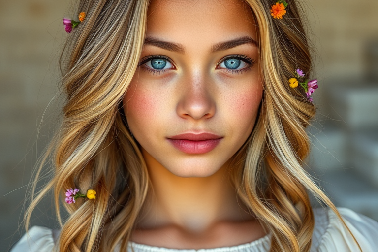 Create an image of a young Latino woman with long, wavy blonde hair, adorned with small, colorful flowers woven into her braids and loose strands. Her complexion is fair, with soft, glowing skin, and she has light blue eyes that gaze softly at the viewer. She wears a light, flowing dress with a gentle, ethereal quality, complementing her delicate and serene appearance. The background is slightly blurred, drawing focus to her tranquil expression and the intricate details of the flowers in her hair. The overall mood of the image is one of natural beauty and grace, evoking a sense of peacefulness and connection with nature.
