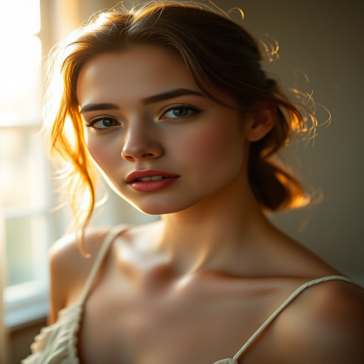 Portrait of a woman with soft ethereal lighting, warm golden tones, shot in natural light using a Canon EOS R5, 50mm lens, f/1.8 aperture, ISO 100, shallow depth of field, soft focus effect.