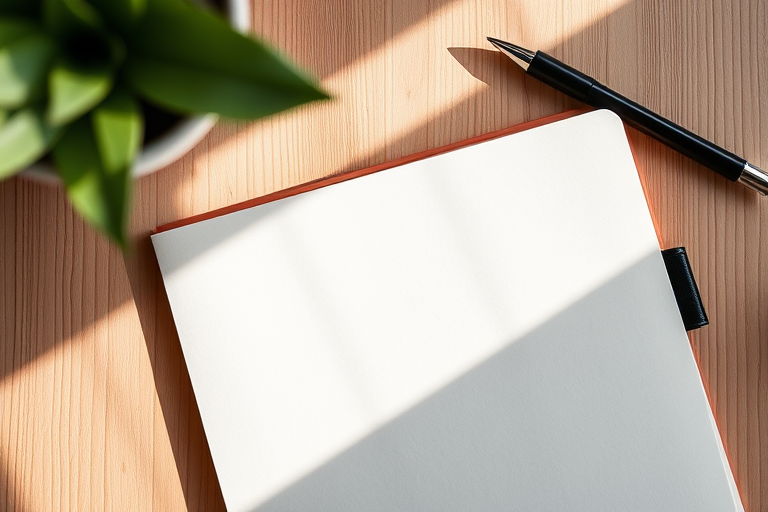 Create a high-resolution image of a blank, textured notebook page with a natural light source, using a DSLR camera with a 50mm lens, f/1.8 aperture, ISO 100, and a slightly angled overhead view for depth.