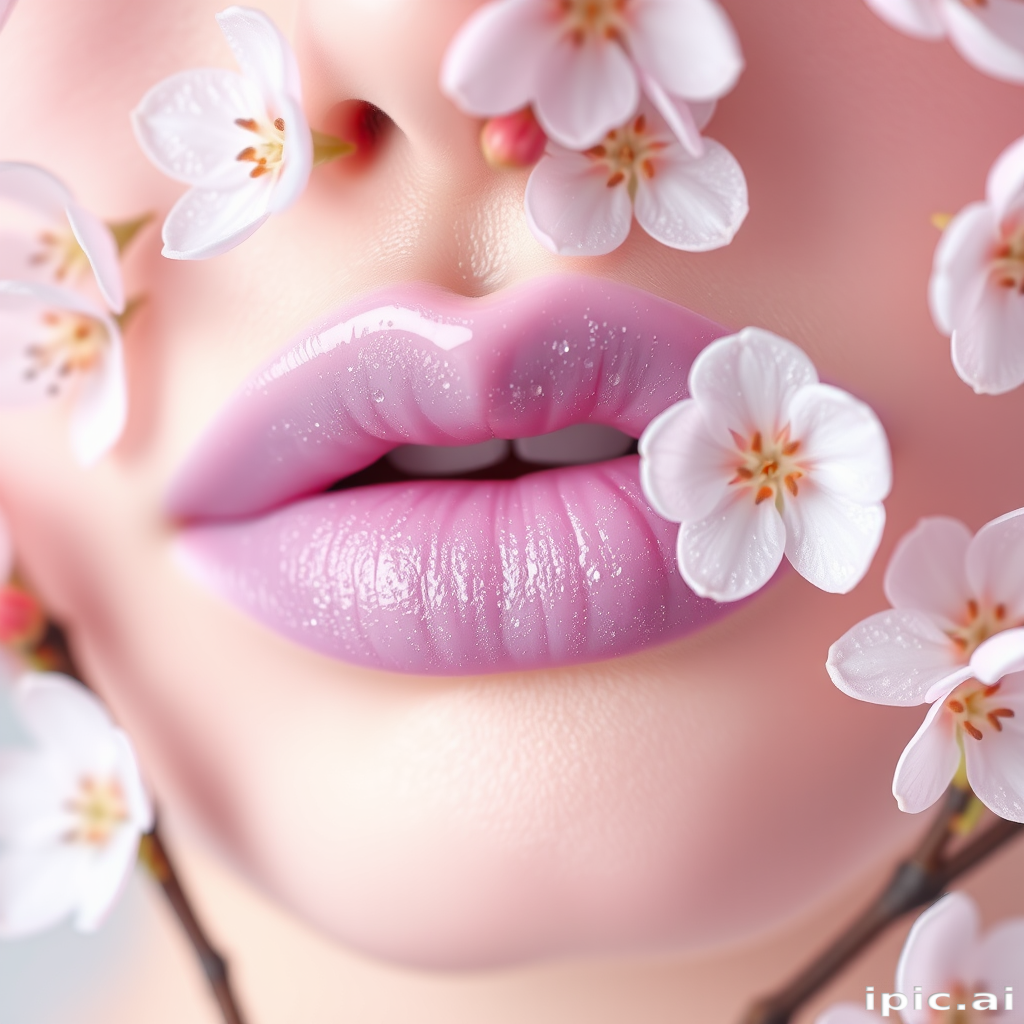 Delicate pastel lilac lips with a frosted finish, ethereal and dreamy, evoking the softness of spring blossoms in full bloom