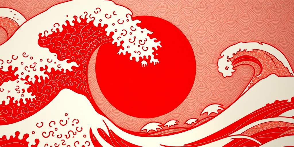 high-resolution digital illustration of traditional Japanese wave pattern in red and white, soft light, ISO 100, f/8 aperture, 50mm lens, top-down view, DSLR camera