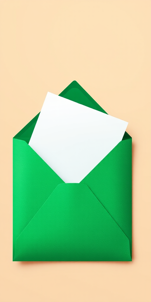 A vibrant green envelope slightly open with a letter peeking out, background in soft beige, high contrast, 50mm lens, f/2.8 aperture, ISO 100, slight bokeh effect, top-down view, digital illustration style.