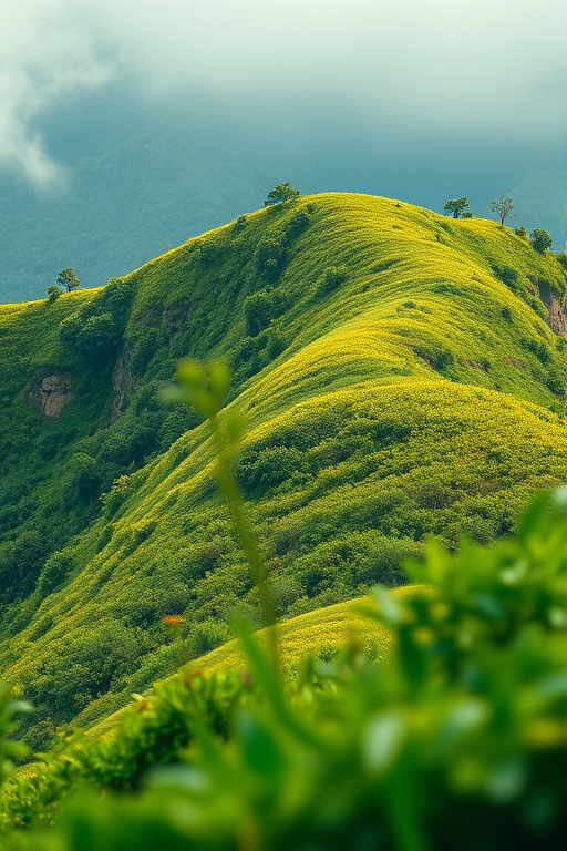 Create a high-resolution stylized illustration of a lush green hill covered with vibrant vegetation, captured with a Canon EOS R5 with a 50mm f/1.2 lens at f/2.8, shot from a low angle to emphasize depth and richness, using a vibrant color palette and soft focus for a dreamy effect.
