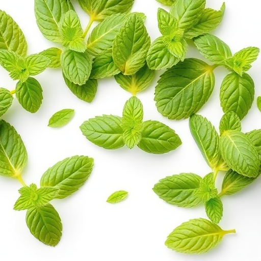 fresh mint leaves arranged on a white background, macro view, natural lighting, f/2.8 aperture, 50mm lens, DSLR camera, high-resolution image