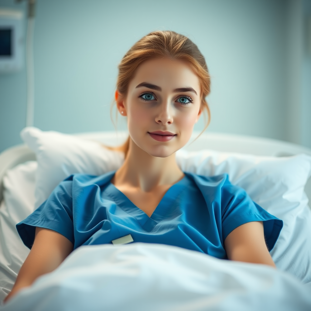 portrait of a young woman in a hospital bed wearing a blue medical scrubs, soft natural lighting, depth of field focus, 50mm lens, f/2.8 aperture, ISO 200, shot from eye level, high dynamic range, shallow depth of field