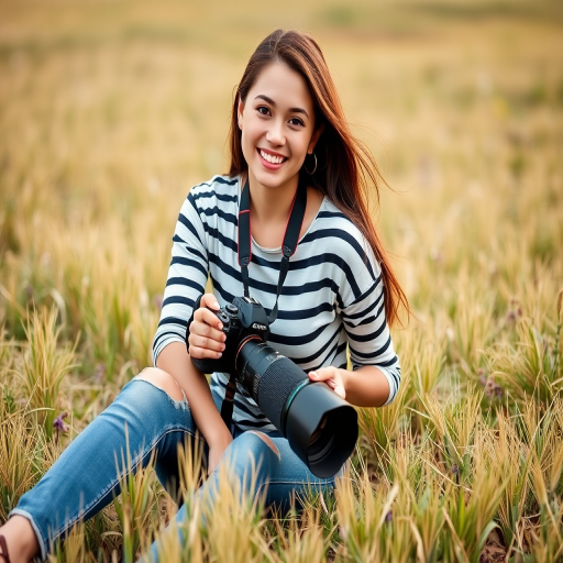A young woman sitting on the ground in a field, holding a camera with a large lens, wearing a striped shirt and jeans, smiling at the camera.