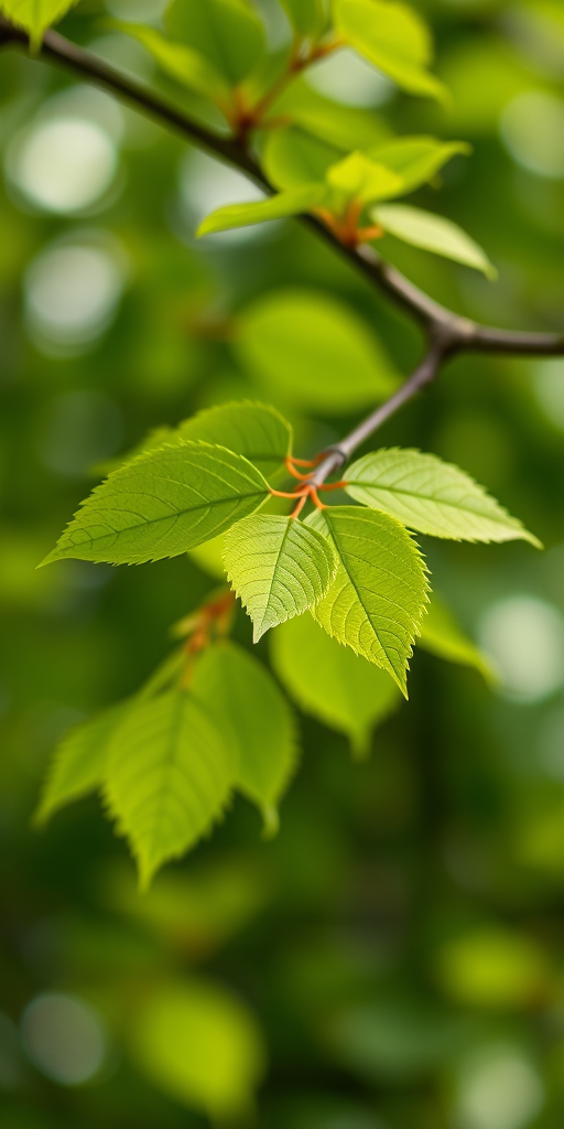 Create a high-quality image of vibrant green leaves on a branch in soft focus with a bokeh background, using a Canon EOS 5D Mark IV, with a 50mm f/1.8 lens, aperture set to f/2.8, shutter speed of 1/200 sec, and ISO 100.