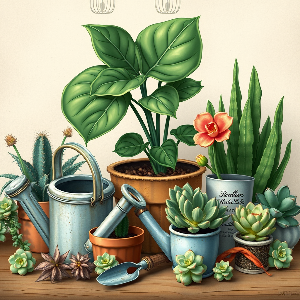 Create a detailed illustration of various plants including a leafy houseplant, a cactus with flowers, and small succulents, arranged with a vintage watering can and a small gardening trowel, use a soft color palette and textured background, high-resolution digital art, camera settings: f/4.0, ISO 100, 1/60 sec, camera view: close-up, camera style: natural light, camera type: DSLR.