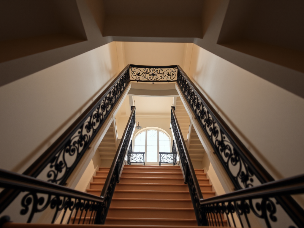 Generate a high-resolution image of a wide staircase viewed from the bottom, with intricate iron railings, using a DSLR camera at f/8 aperture, ISO 100, with a focal length of 35mm, and a slight upwards angle for depth.