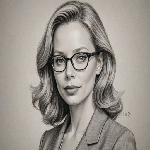 Resplendent Ally McBeal, pencil sketch, portrait of Superb woman 1952s in glasses, hair style beatnik, outline, clear lines, fine lines, 8k