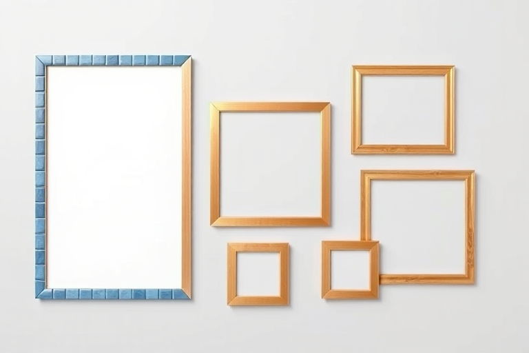 Generate an image of five picture frames with a blue tiled border, including one large rectangle, one medium rectangle, and three smaller squares, all set against a light gray background, captured with a DSLR camera at f/7.1 aperture, ISO 100, 50mm lens, soft focus view to enhance sharpness and clarity.