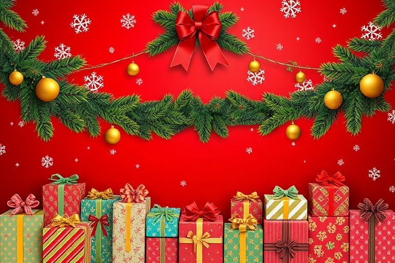 Create an image of a festive Christmas background featuring a rich red backdrop adorned with snowflakes and a decorative border of green pine branches. Include golden ornaments and a bow hanging from the branches. At the bottom, display an array of colorful Christmas presents wrapped in various patterns and ribbons, creating a warm holiday atmosphere.