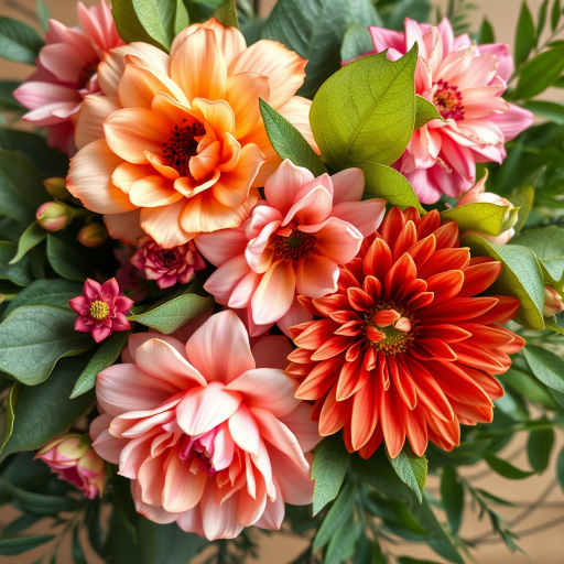 Floral arrangement with peach and pink flowers, green leaves, high resolution, 50mm lens, f/4 aperture, natural lighting, top-down view, digital illustration style.