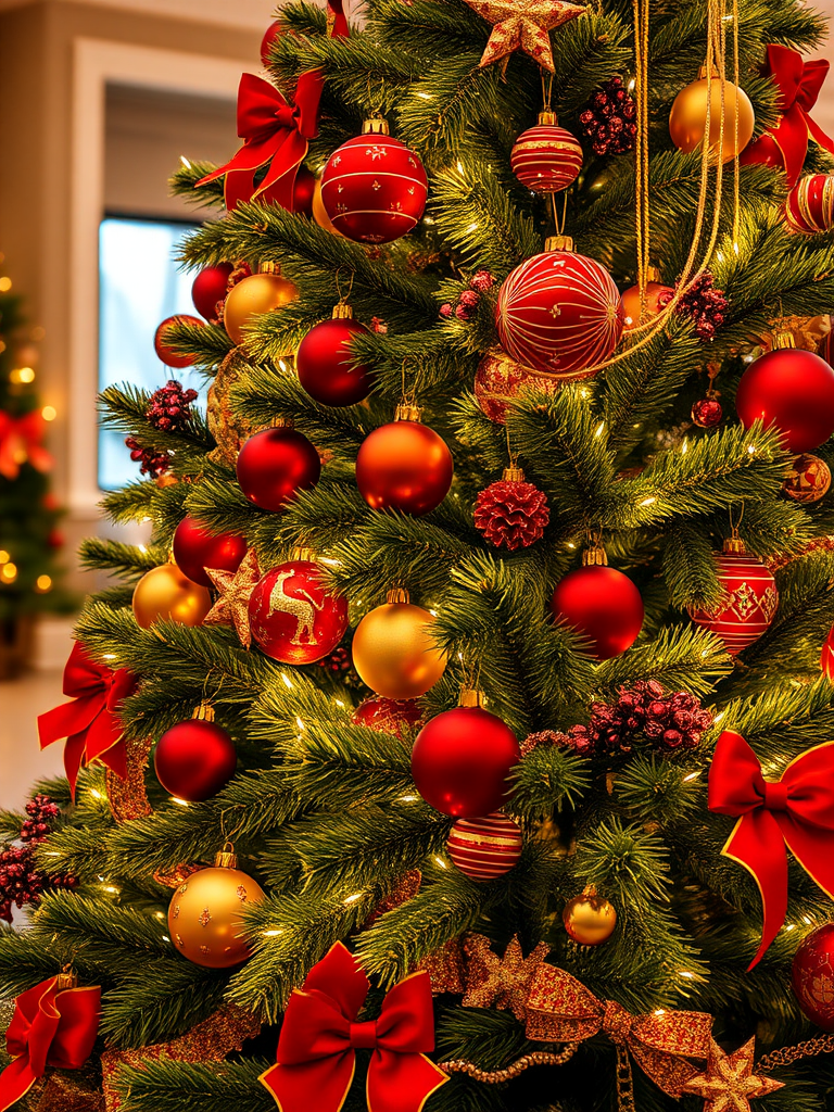 Create a festive image of a beautifully decorated Christmas tree filled with vibrant red and gold ornaments. The tree should be adorned with twinkling white lights, and there should be a warm, cozy atmosphere. Include ribbons and other holiday decorations to enhance the festive feel.