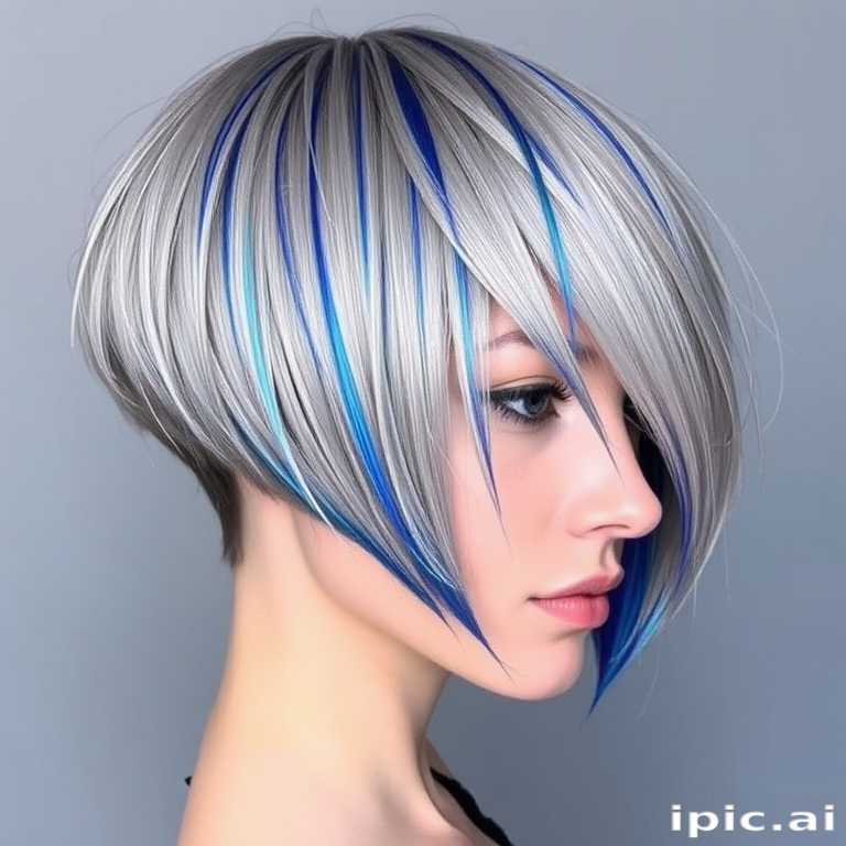 Striking silver-gray bob with razor-sharp edges and metallic blue streaks, embodying futuristic elegance, known as "Chromatic Crescendo"