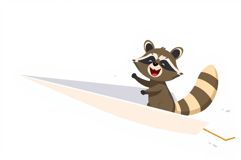 Create a whimsical illustration of a happy raccoon character joyfully riding on a large white paper airplane, with bright colors and a playful style, using a DSLR camera with a 50mm lens at f/2.8, ISO 100, and a 1/200 sec shutter speed for enhanced clarity and detail.