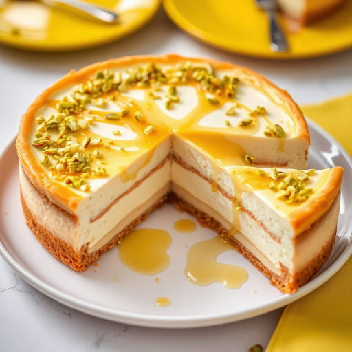 Create an image of a delicious layered cheesecake with a golden crust topped with crushed pistachios and a drizzle of honey served on a white plate with a slice cut out revealing the creamy layers inside and a vibrant yellow plate in the background.