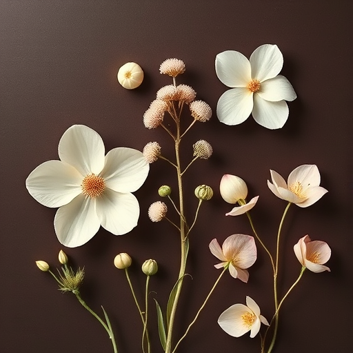 generate a minimalistic illustration of stylized botanical elements with soft pastel colors on a dark brown background using a Canon EOS R5 with a 50mm f/1.2 lens, aperture set to f/4, shutter speed 1/125s, ISO 100, top-down view, natural light for enhanced clarity and detail