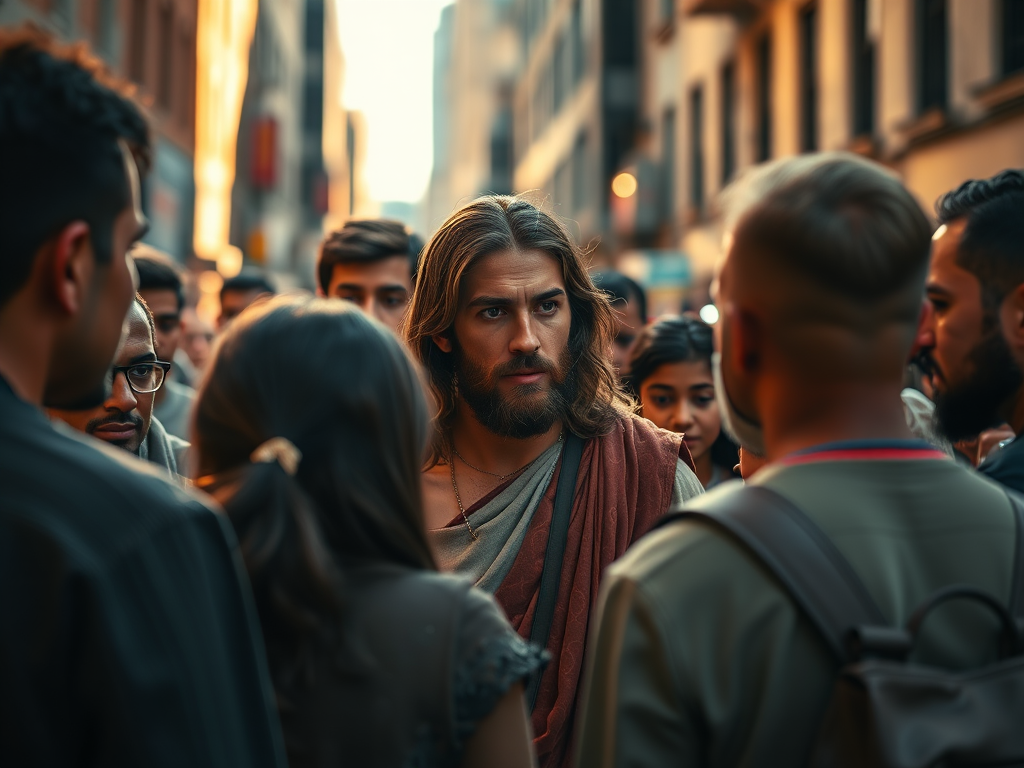 Create a scene of Jesus interacting with a diverse group of people in an urban setting, with dramatic lighting focusing on Jesus, captured with a Canon EOS R5, 50mm lens, f/1.8 aperture, ISO 100, and a 1/200 sec shutter speed to enhance detail and depth in the image.