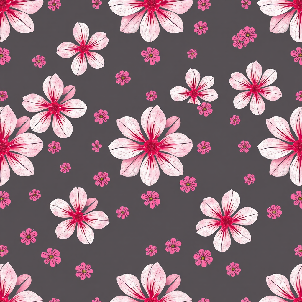Generate a seamless pattern of abstract flowers in pink and white on a dark gray background, using a Canon EOS R5 camera with a 50mm f/1.8 lens, ISO 100, aperture f/2.8, and a high dynamic range style for enhanced vibrancy and detail.