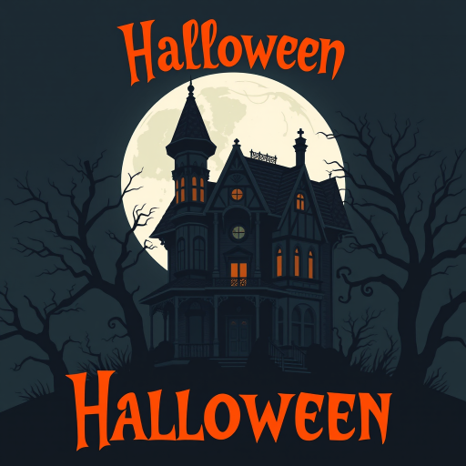 Create an illustration of a dark, Victorian-style haunted house set against a full moon. The house should be intricate, surrounded by twisted, barren trees, and evoke a spooky Halloween atmosphere. Above the house, include the word "Halloween" in a bold, orange gradient font. Use a ghostly, eerie style to bring the scene to life.