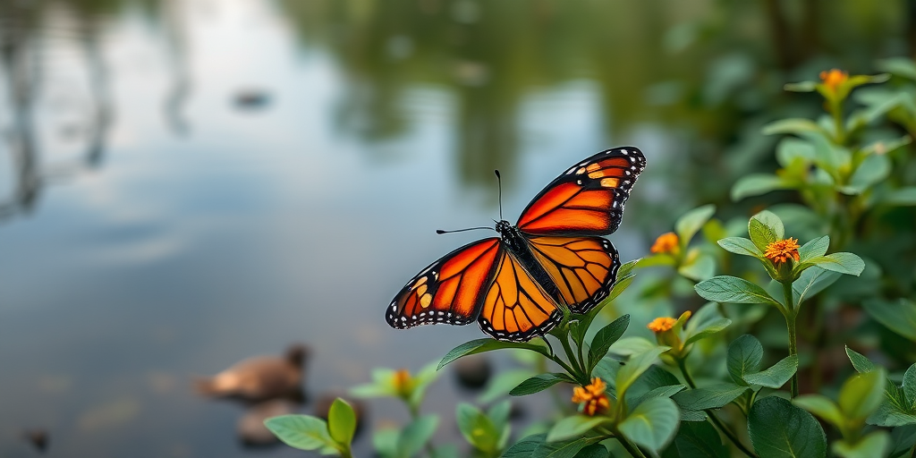 Generate an image of a vibrant orange and black butterfly perched on lush green foliage near a calm body of water, with a soft focus on the background to emphasize the butterfly and plants.